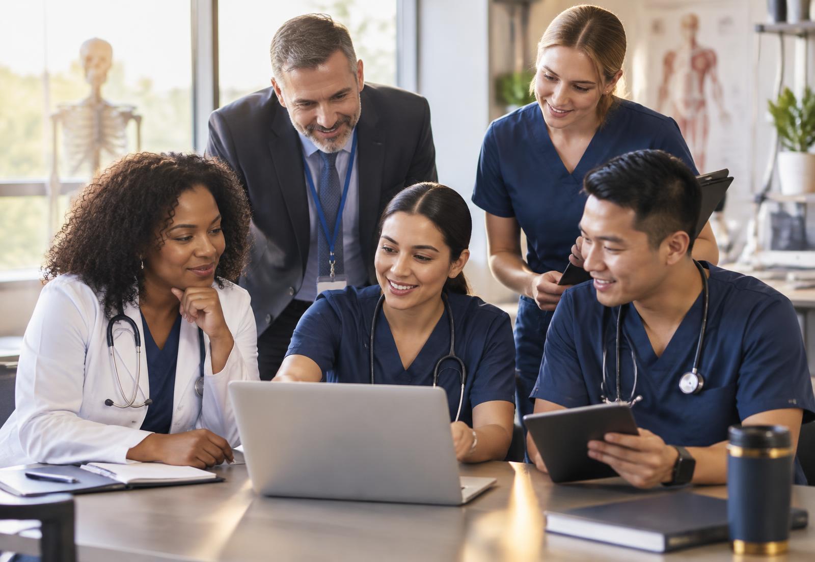 Healthcare professionals reviewing training material together